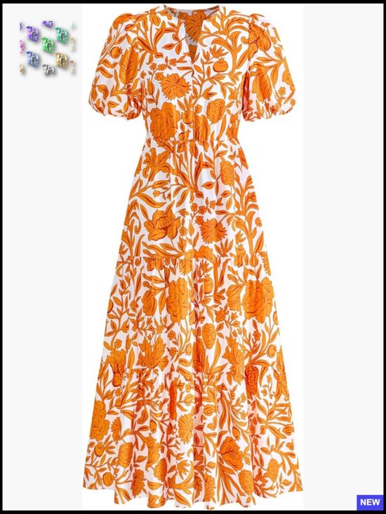 Dresses & Skirts - Boho Floral Maxi Dress Puff Sleeve V Neck Tiered Ruffle Summer Casual Chic